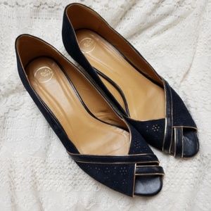 DES PETITS HAUTS Blue Velvet Peep Toe Shoes Navy